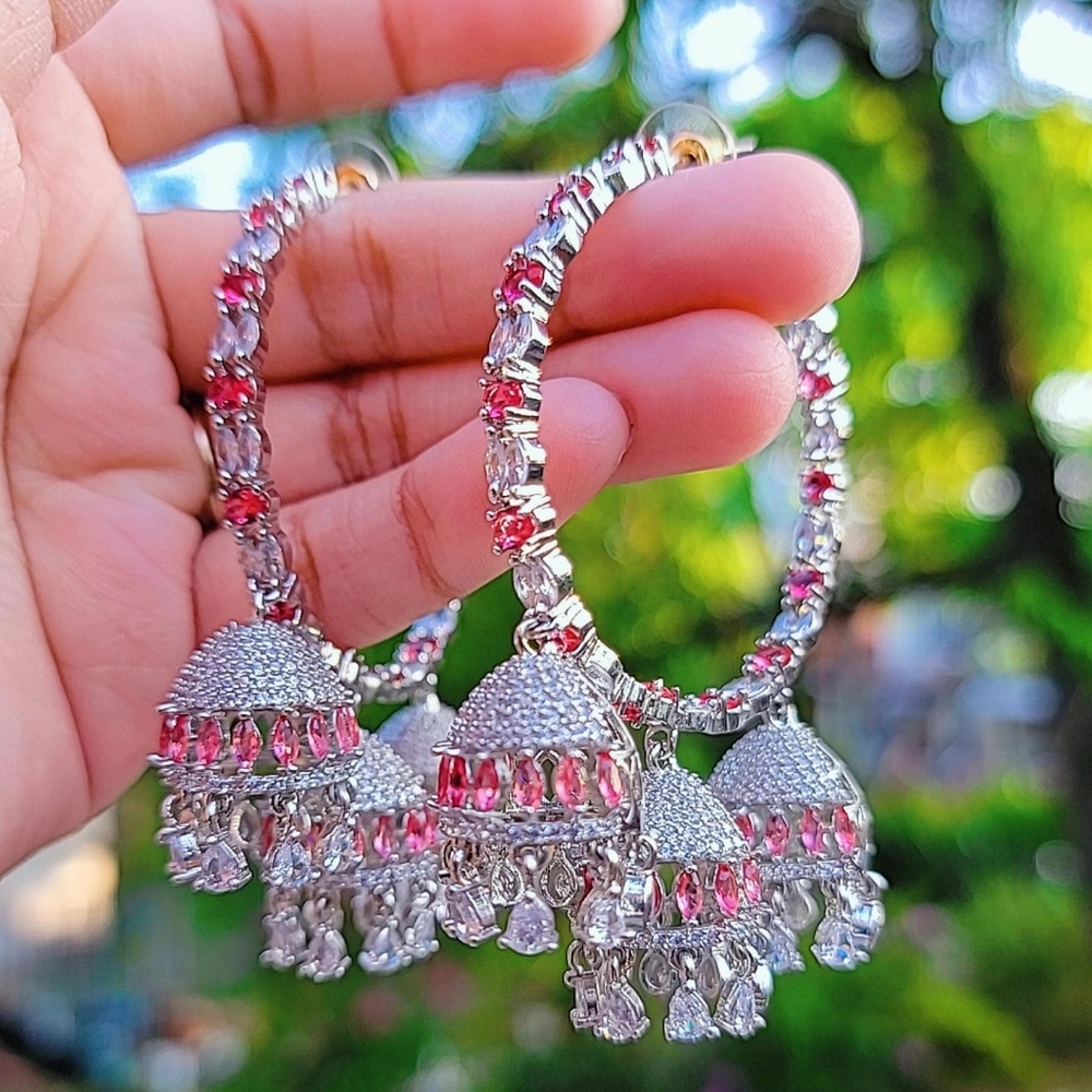NWT Indian Handmade Cz Diamond Earrings / Wine Red Jhumka Earrings / White gold